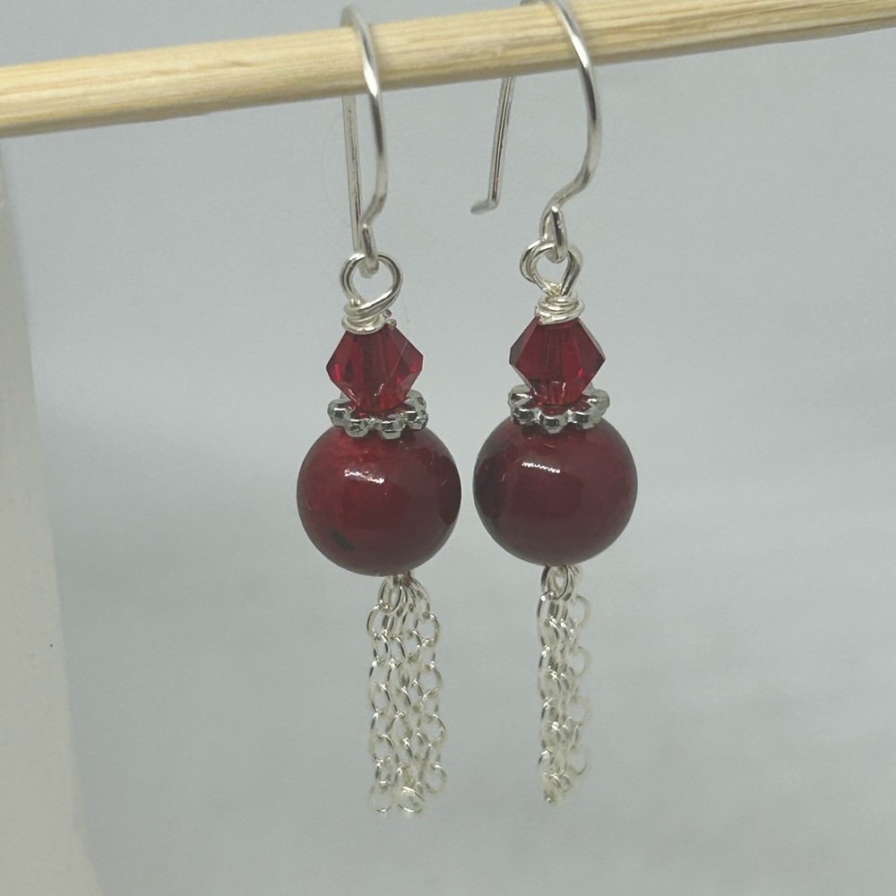 Red beaded Dangle Earrings handmade garnet Czech bead stacked flower spacer